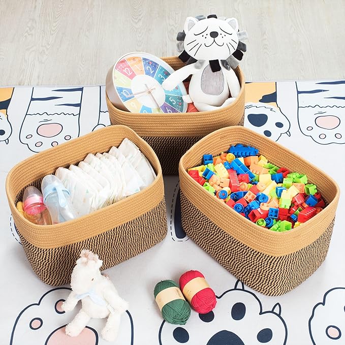 MINTWOOD Design 3-Pack Storage Baskets for Shelves, Decorative Baskets for Organizing, Woven Baskets for Storage, Book Basket Cube Storage Bin Box, Pantry Closet and Shoe Organizers, Black Jute