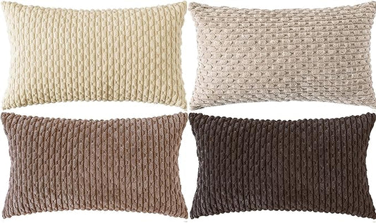 Set of 4 Beige Brown Coffee Decorative Throw Pillow Covers 12x20 Inch Corduroy Pillow Covers for Bed Couch Sofa Living Room Soft Cushion Cases