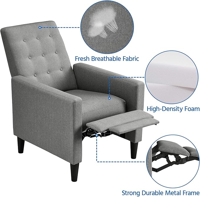 Yaheetech Fabric Recliner Chair Mid-Century Modern Recliner Adjustable Single Recliner Sofa with Thicker Seat Cushion Tufted Upholstered Sofa with Pocket Spring for Living Room Bedroom Gray