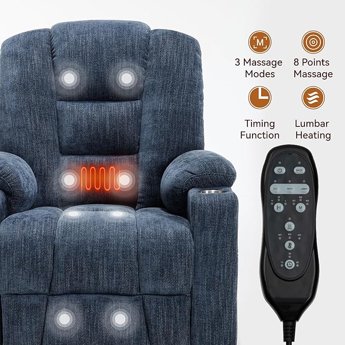 Large Power Lift Recliner Chair for Eldery, Overstuffed Wide Recliners with Massage and Heat, Electric Living Room Chairs with USB Charge Port, 2 Cup Holders, Blue