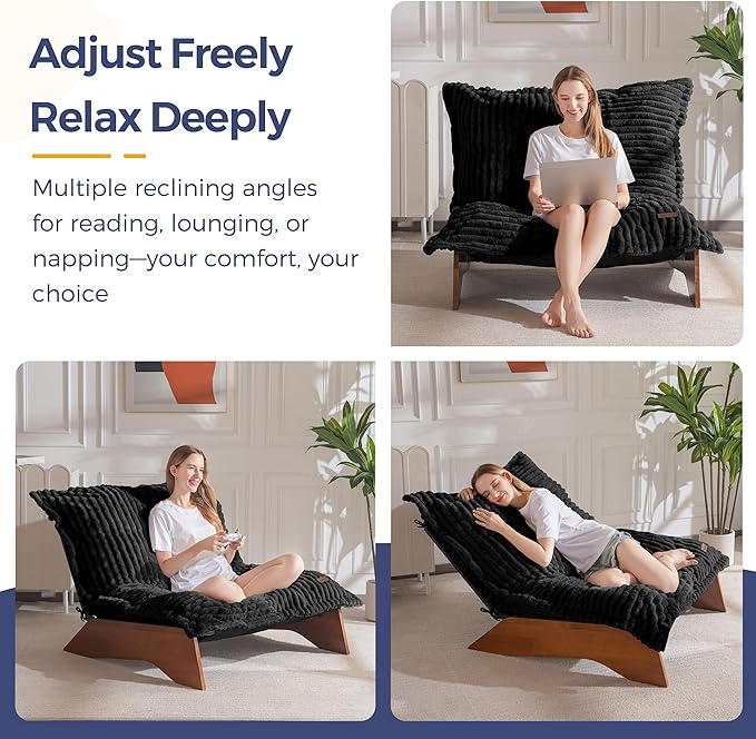 MAXYOYO Adjustable Living Room Chair, 3-Position Bean Bag Chair with Removable Cover, Upholstered Accent Chair with Frame, Soft Reclining Lounge for Bedroom, Apartment, Office, Black