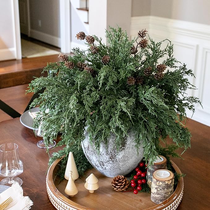 Faux Cedar Stems Artificial Norfolk Pine Branches for Christmas Decor, 12 PCS Fake Pine Stems with 2 PCS Pine Cones Branches Real Touch Realistic Faux Greenery for Vases DIY Garland Xmas Table Indoor