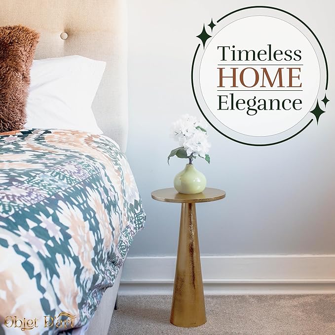 OBJET D'ART Small Round Gold End Tables, Set of 2, ABEL, 21" Height, Vintage Metal Accent, Side, Pedestal, Coctail and Drink Tables for Living Room and Small Spaces