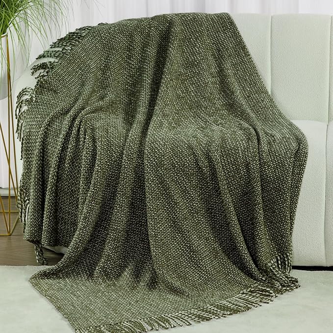 Blagic Knitted Throw Blanket for Couch, Soft Farmhouse Throw Blanket with Tassels,Home Decorative Lightweight Blankets,Spring Throws for Bed/Chair/Sofa,Wheat Textured (Green & White,50" W x 60" L)