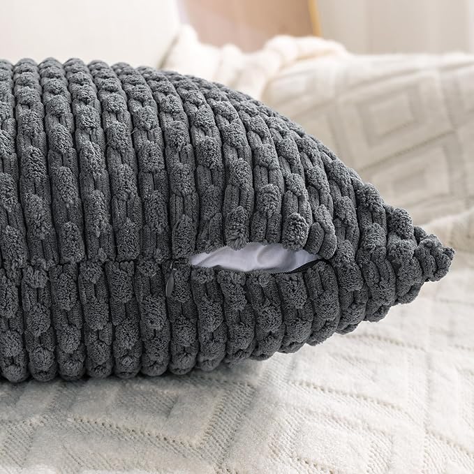 Set of 4 Medium Grey Decorative Throw Pillow Covers 12x20 Inch Corduroy Pillow Covers for Bed Couch Sofa Living Room Soft Cushion Cases