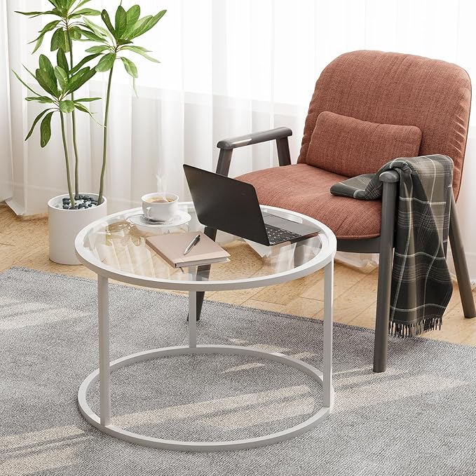 Glass Coffee Table Modern Center Table,Minimalist Coffee Table Sofa Side Tea Table for Living Room,Tempered Glass-top with Sturdy Metal Frame, Easy Assembly, 27 x 27 x 17 Inch,White