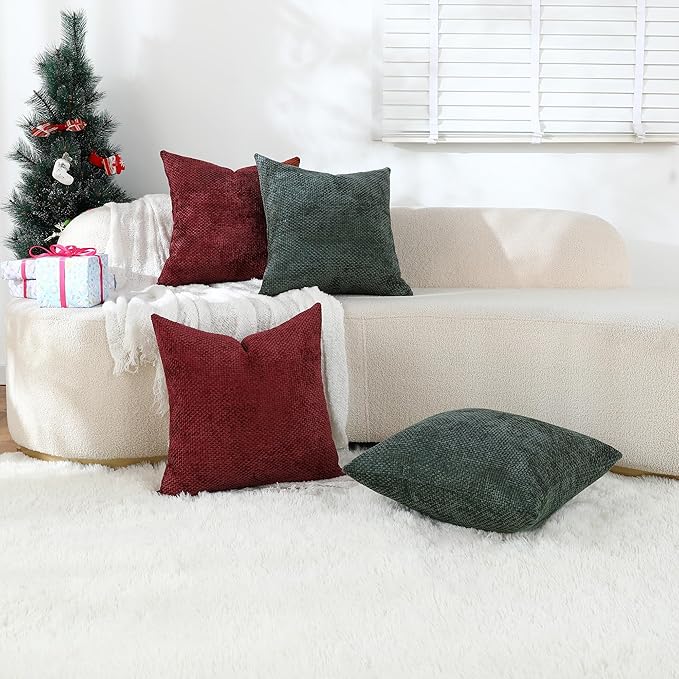 Stellhome 4 Packs Christmas Decorative Throw Pillow Covers Chenille Woven Textured Luxury Accent Cushion Cases for Living Room Couch Bed Sofa Farmhouse Boho Home, 16x16 inch, Hunter Green and Wine Red