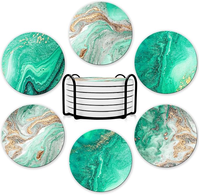 Dooke Coasters for Drinks,Round Absorbent Ceramic Stone Coasters Set of 6 with Cork Base,Funny Drink Coasters with Holder for Cold Drinks Wine Cups Tabletop Protection,4 Inches,Turquoise Green Marble