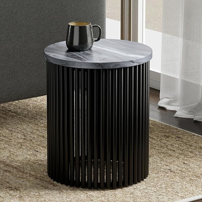 SIMPLIHOME Demy 18-inch Wide Metal Accent Table in Black Marble/Black Metal, Round Side Table with Slatted Base for Living Room, Bedroom, or Entryway, Industrial Style, Assembled
