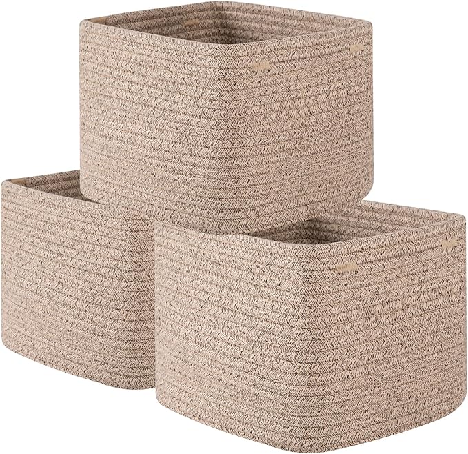 OIAHOMY 9”x9”x7” Storage Cubes, Cotton Rope Woven Baskets for Organizing, Cube Storage Bin, Small Gift Basket for Shelf, 3-Pack, Brown