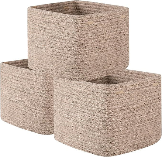 OIAHOMY 9”x9”x7” Storage Cubes, Cotton Rope Woven Baskets for Organizing, Cube Storage Bin, Small Gift Basket for Shelf, 3-Pack, Brown