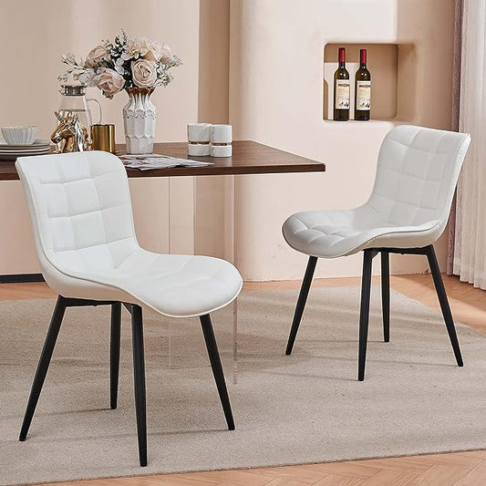 YOUTASTE White Dining Chairs Set of 2, Faux Leather Upholstered Armless Chairs with Back and Black Metal Legs, Mid Century Modern Kitchen Chairs for Living Room, Vanity, or Guest Reception Room