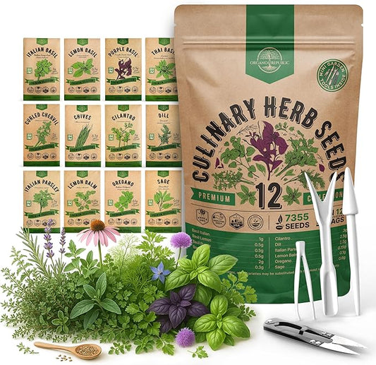 Organo Republic 12 Culinary Herbs Seeds Variety Pack - 7,355+ Heirloom, Non-GMO, Herbs Seeds for Outdoor and Indoor Home Gardening, Including Basil, Cilantro, Chives, Dill, Parsley, Sage