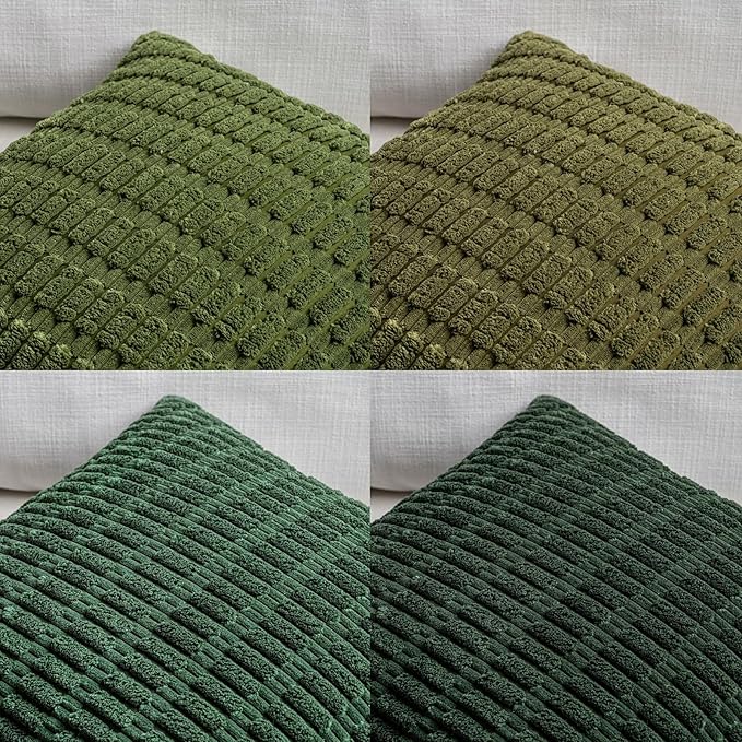 Fancy Homi Set of 4 Green Boho Spring Decorative Throw Pillow Covers 24x24 Inch for Couch Bed Sofa, Aesthetic Modern Bohemian Room Decor, Soft Fuzzy Fluffy Cozy Corduroy Cushion Case 60x60cm