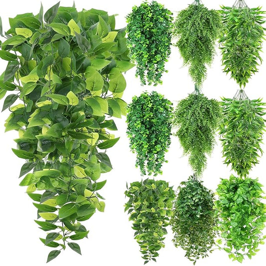 Hoteam 12 Pcs Artificial Hanging Plants 32 Inch Fake Ivy Vines with Fake Leaves Patio Artificial Plants Greenery for Living Room Indoor Outdoor Wall, No Basket (6 Style Mixed)