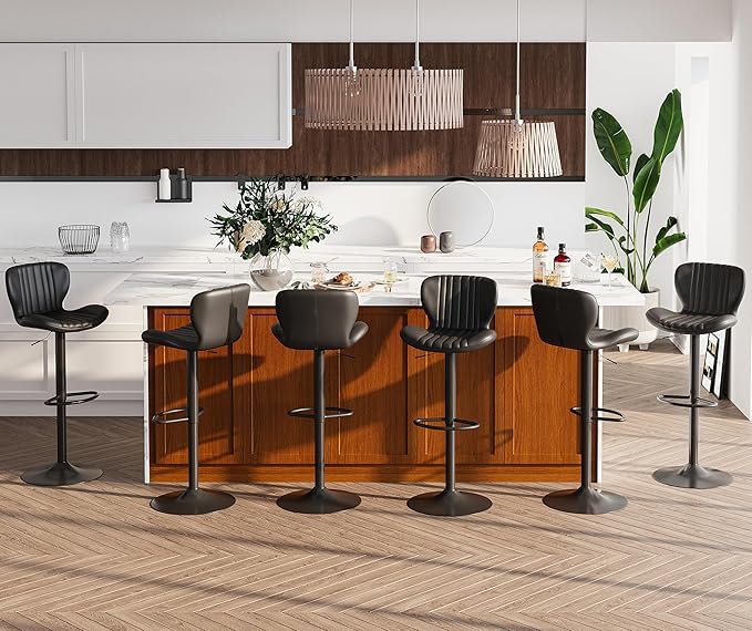 SUNLEI Swivel Swivel Bar Stools Set, Barstools Counter Height with Shell Shaped Backrest, Adjustable Moder Stools Pu Leather Bar Stool for Kitchen Counter, Island, Bars, Dining Room(Black, Set of 6)