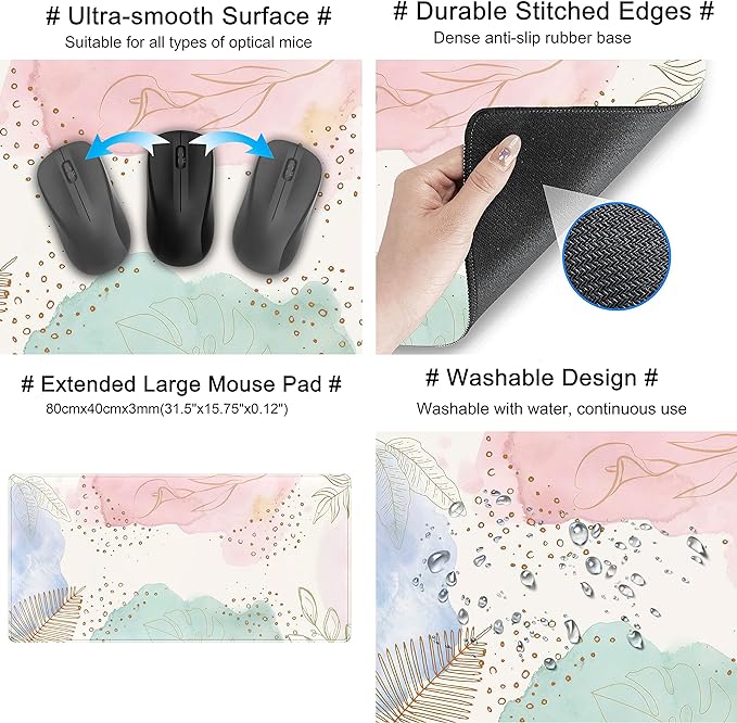 Boho Pastel Painting Mouse Pads, Abstract Mousepad XXL,Extended Mouse Pad for Keyboard & Wireless Mouse,Cute Large Desk Protector Mat Full Desk Gaming Mice Pad for Office Home 31.5x15.75 in