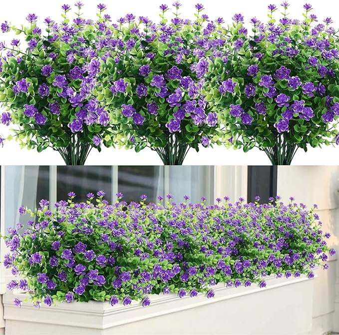 GREENRAIN Artificial Flowers Outdoor Fake Flowers for Decoration UV Resistant No Fade Faux Plastic Plants Garden Porch Window Box Décor (18 Bundles, 3#Purple)