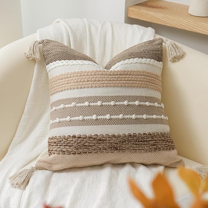 BlissBlush Brown Decorative Throw Pillow Cover 20x20 Square Boho Accent Pillowcase Tassels Farmhouse Cushion for Couch Sofa Bedroom Livingroom Home Décor Cover ONLY (Pack of 1)