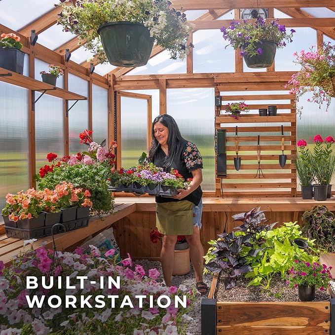 Backyard Discovery Bellerose XL 13' x 11' Cedar Wood and Polycarbonate Walk-in Greenhouse Kit with Pergola, Exhaust Fan, Windows, Hose Hook-Ups, PowerPort, Staging Shelves for Outdoor Gardening