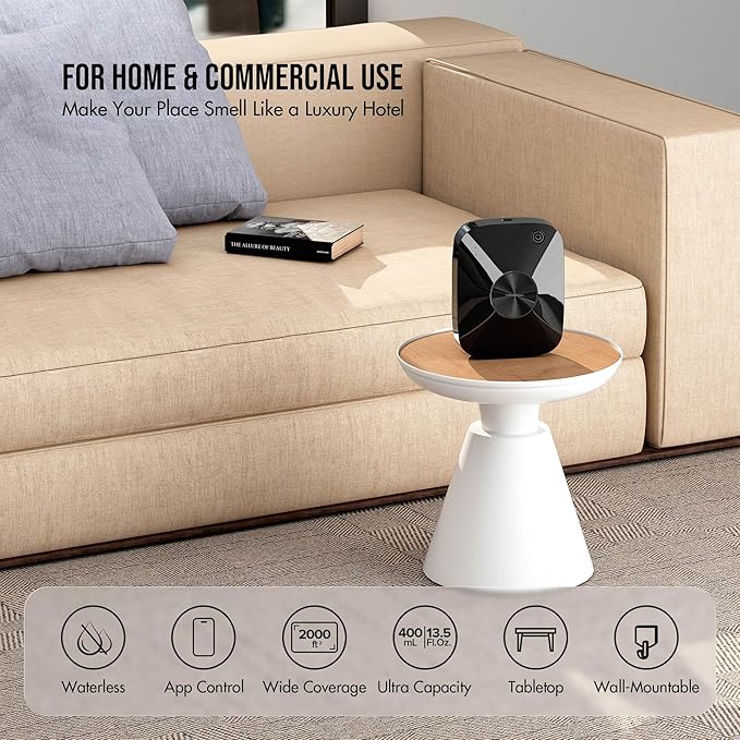 Airversa Smart Waterless Essential Oil Diffuser Scent Air Machine for Large Rooms Spaces Home and Commercial Use, Up to 2000 sq ft 400 mL Capacity, Aromatherapy Scent Diffuser, Black ANA