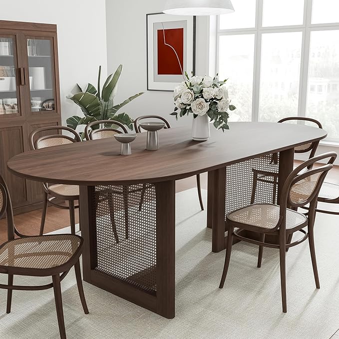 Casaphoria 79" Dining Table for 8, Wood Kitchen Table with Scratch-Resistant Top & Rattan Base, Modern Farmhouse Oval Dining Table for Living Room, Kitchen, Easy Assembly, Walnut (Chairs not included)