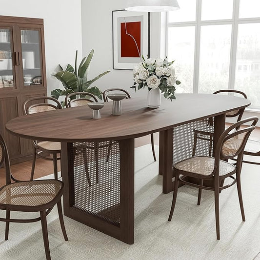 Casaphoria 79" Dining Table for 8, Wood Kitchen Table with Scratch-Resistant Top & Rattan Base, Modern Farmhouse Oval Dining Table for Living Room, Kitchen, Easy Assembly, Walnut (Chairs not included)