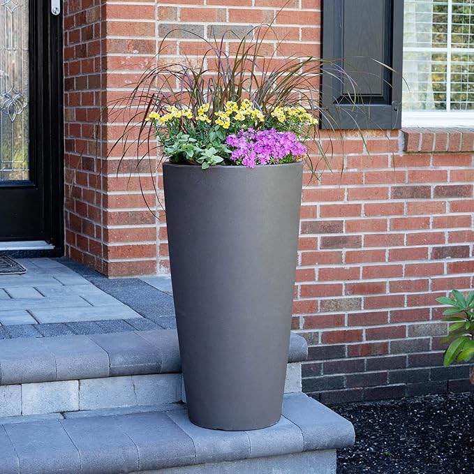 Step2 Tremont Tall Round Tapered Planter, Large Planters for Outdoor Plants, Gardening and Flower Pot for Patio or Porch, Efficient Drainage, Durable Plastic, Dark Cedar, 2-Pack