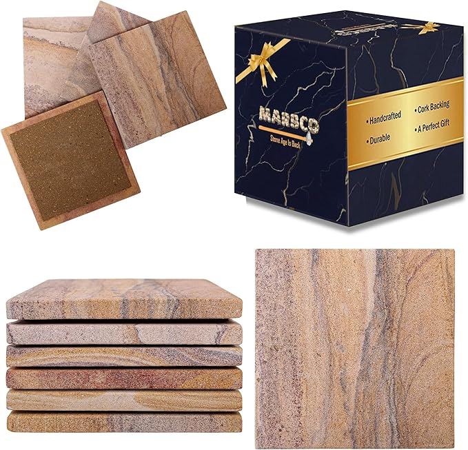 Sandstone Water Absorbent Hand Crafted Round Coasters for Drinks - 4 Inches Wide Thirsty Stone Bar, Drink Coasters- Made from Rainbow Sandstone (Design 5)