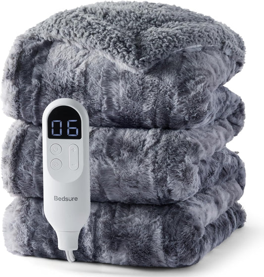 Bedsure Faux Fur Heated Blanket Full Size, Fast Heating Electric Blanket Full Size with 6 Heating Levels & 10 Time Settings, Cozy Gifts for Women Men (72x84 inches, Grey)