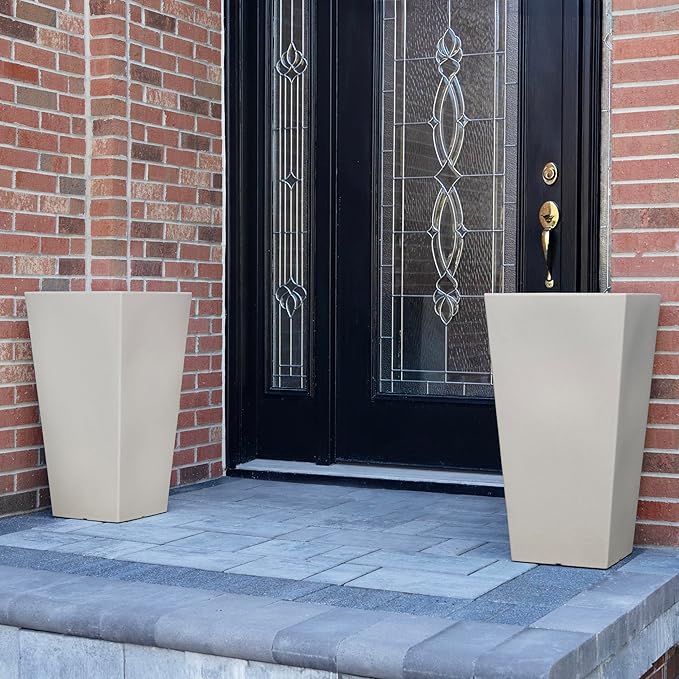 Step2 Tremont Tall Square Planter Pot, Large Outside All-Season All-Weather Gardening Pot for Patio and Front Porch, Concrete, 2-Pack