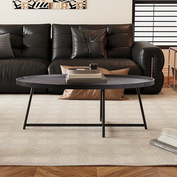 Modern Coffee Table, Oval Wood Coffee Tables Center Table with Metal Leg for Living Room, 47 Inch Living Room Table Accent Furniture (Oval Coffee Table, Black)