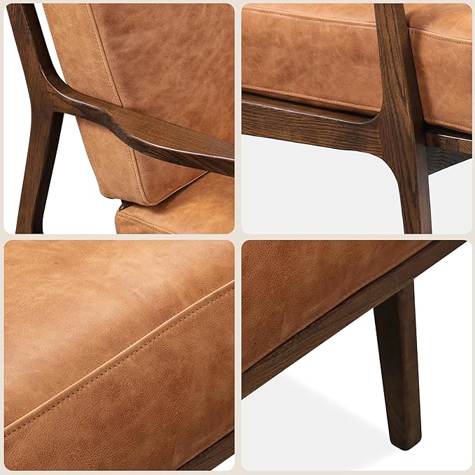POLY & BARK Verity Leather Accent Chair – Armchair with Walnut Wood Frame – Fashion-Forward Lounge Seating for Living Room – Upholstered in Cognac Tan Leather for Modern Style