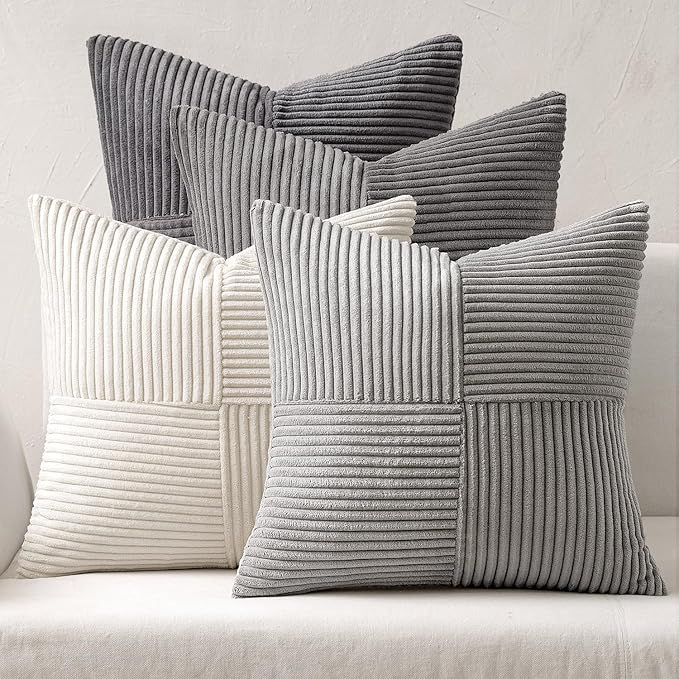 MIULEE Neutral Grey Decorative Throw Pillow Covers 20x20 Inch Set of 4 Modern Farmhouse Corduroy Cushion Cases Striped Patchwork Pillow Cases for Couch Sofa Bedroom Home Decor