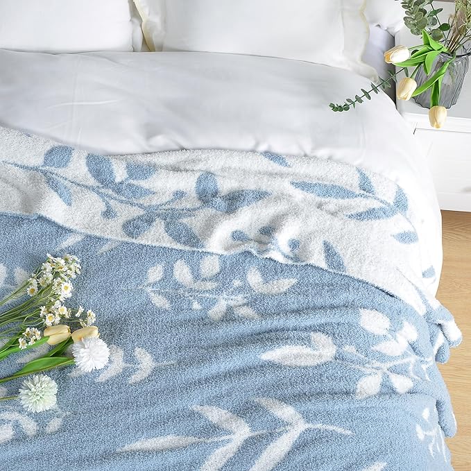 Leaf Pattern Throw Blanket Soft Cozy Spring Blanket for Bed, Couch, Sofa Lightweight Breathable Stylish Seasonal Home Decor Blanket Dusty Blue 60x80 Inches