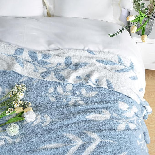 Leaf Pattern Throw Blanket Soft Cozy Spring Blanket for Bed, Couch, Sofa Lightweight Breathable Stylish Seasonal Home Decor Blanket Dusty Blue 60x80 Inches