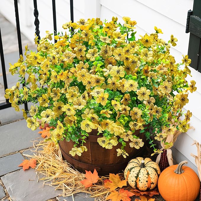 Artificial Fake Fall Yellow Mums Flowers Plants for Outdoor Outside, 12 Bundles Autumn Faux Silk Daisy UV Resistant Realistic for Porch Patio Home Window Box Yard Garden Planter