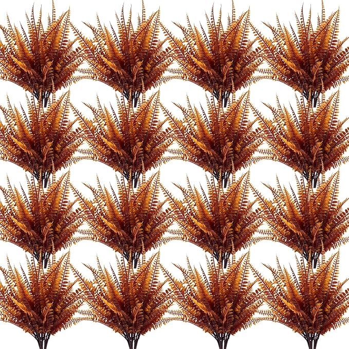 TURNMEON 20 Bundles Artificial Fall Flowers for Outdoors Fall Decorations, UV Resistant Fall Plants Faux Boston Fern Fake Mums Plastic Greenery Shrubs for Home Porch Gardens Autumn Thanksgiving Decor