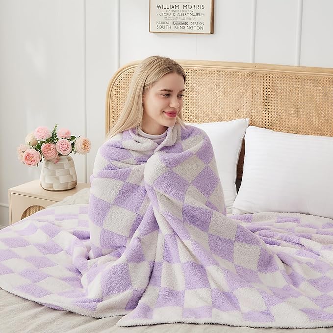 JOOJA Soft Cozy Checkerboard Lilac Fluffy Knit Throw Blanket for Couch Plaid Checkered Blanket Lilac 60x80 in