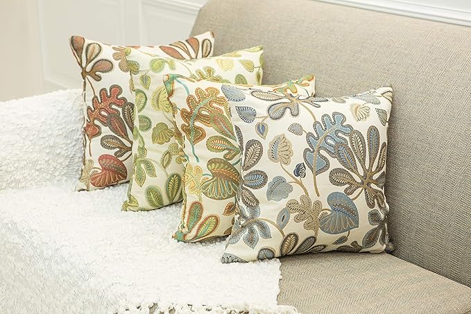 Mika Home Set of 2 Jacquard Tropical Leaf Pattern Throw Pillow Covers Decorative Pillowcase 22X22 Inches,Teal Cream