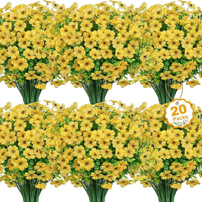 20 Bundles Artificial Flowers for Outdoors Decoration Fake Silk Flowers UV Resistant Faux Plants Artificial Daisy Eucalyptus for Spring Summer Garden Yard Porch Window Home Decor, Yellow