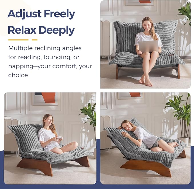 MAXYOYO Adjustable Living Room Chair, 3-Position Bean Bag Chair with Removable Cover, Upholstered Accent Chair with Frame, Soft Reclining Lounge for Bedroom, Apartment, Office, Grey