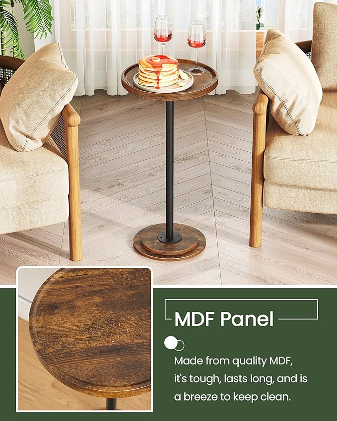 Small Round Side Table, Drink Table for Small Spaces, Pedestal Cocktail Table, Thickened Base, for Living Room, Bedroom, Office, Rustic Brown and Black TBZ30BF