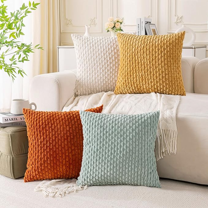 Set of 4 Yellow Rust Aqua Decorative Throw Pillow Covers 26x26 Inch Corduroy Pillow Covers for Bed Couch Sofa Living Room Soft Square Cushion Cases
