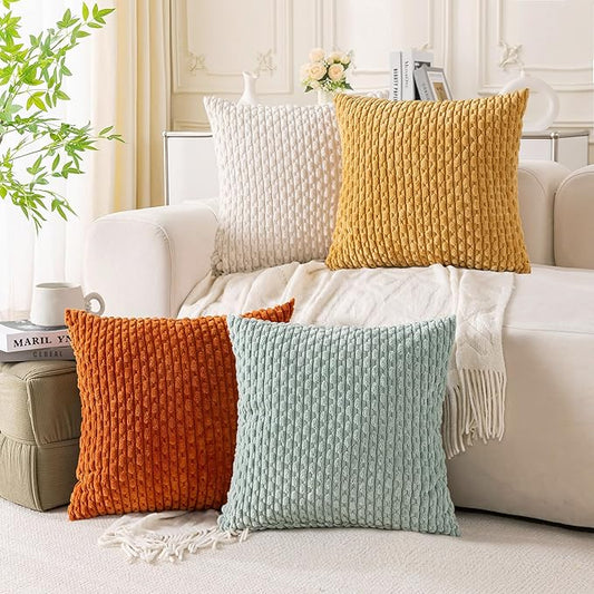 Set of 4 Yellow Rust Aqua Decorative Throw Pillow Covers 26x26 Inch Corduroy Pillow Covers for Bed Couch Sofa Living Room Soft Square Cushion Cases