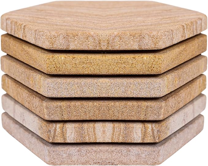 Sandstone Water Absorbent Hand Crafted Hexagon Coasters for Drinks - 4 Inches Wide Thirsty Stone Bar/Drink Coasters- Made from Rainbow Sandstone (Set of 6 with Holder)