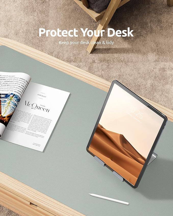 YSAGi Leather Desk Protector, Office Mat, Large Mouse Mat, Non-Slip PU Leather Blotter, Laptop Pad, Waterproof Writing Pad for Office and Home (Grayish Green, 31.5" x 15.8")