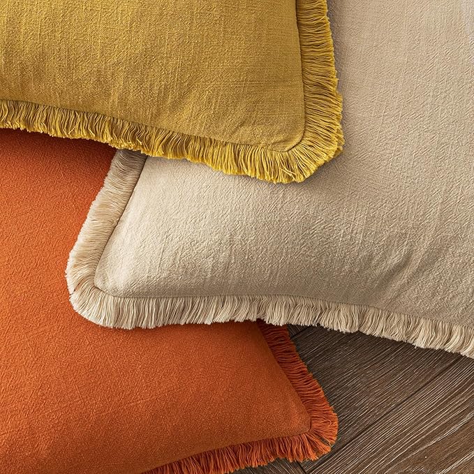 MIULEE Decorative Throw Pillow Covers Neutral Linen Fringe Throw Pillows Euro Shams Set of 2 Orange Boho Farmhouse Cushion Covers for Couch Sofa Bed Living Room Spring Home Decor 22x22 Inch