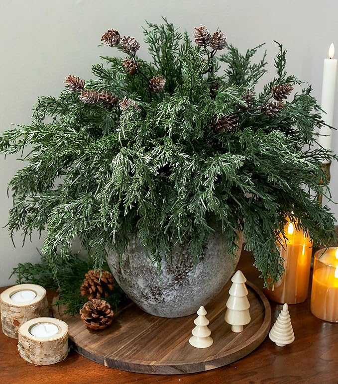 Faux Cedar Stems Artificial Norfolk Pine Branches for Christmas Decor, 12 PCS Fake Pine Stems with 2 PCS Pine Cones Branches Real Touch Realistic Faux Greenery for Vases DIY Garland Xmas Table Indoor