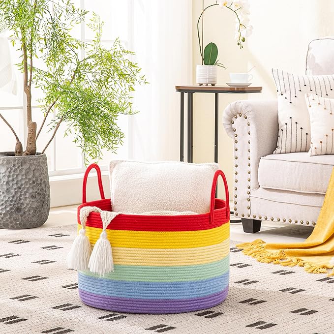 KAKAMAY Large Blanket Basket (20"x13"),Woven Baskets for storage Baby Laundry Hamper, Cotton Rope Blanket Basket for Living Room, Laundry, Nursery, Pillows, Baby Toy chest (Rainbow)